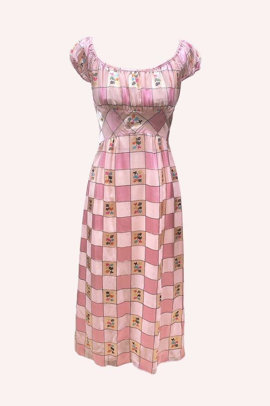 Giant Floral Gingham Satin Burnout Sleeveless Dress, with dark and light pink squares
