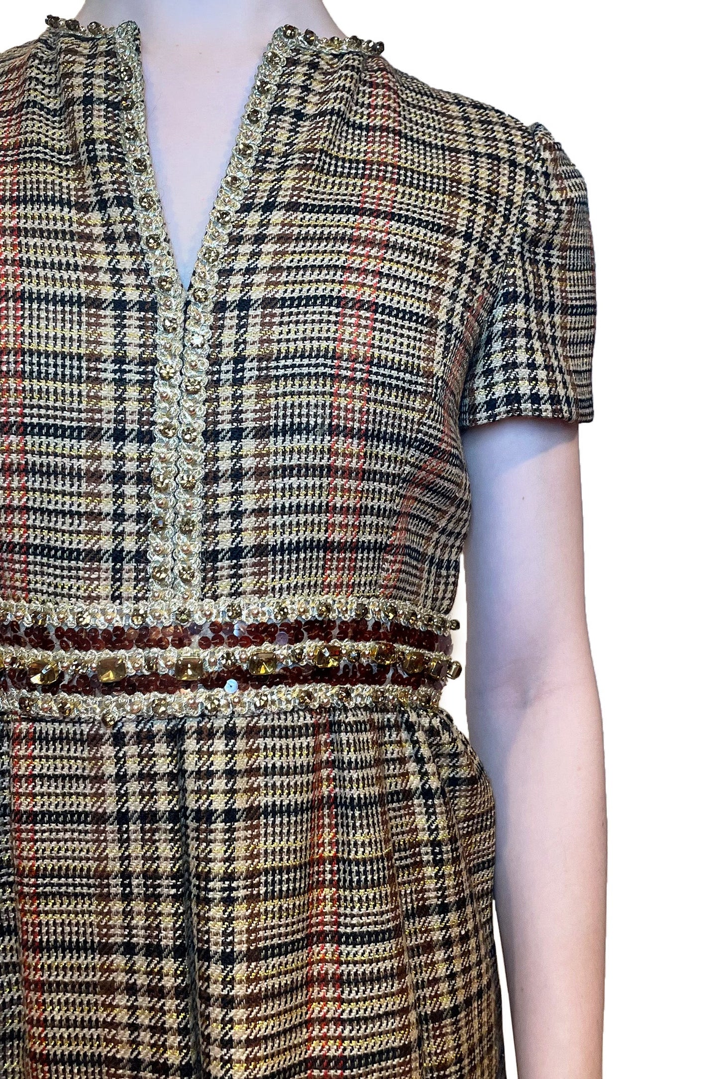 Vintage Hand Embroidered Lurex Plaid Midi Dress