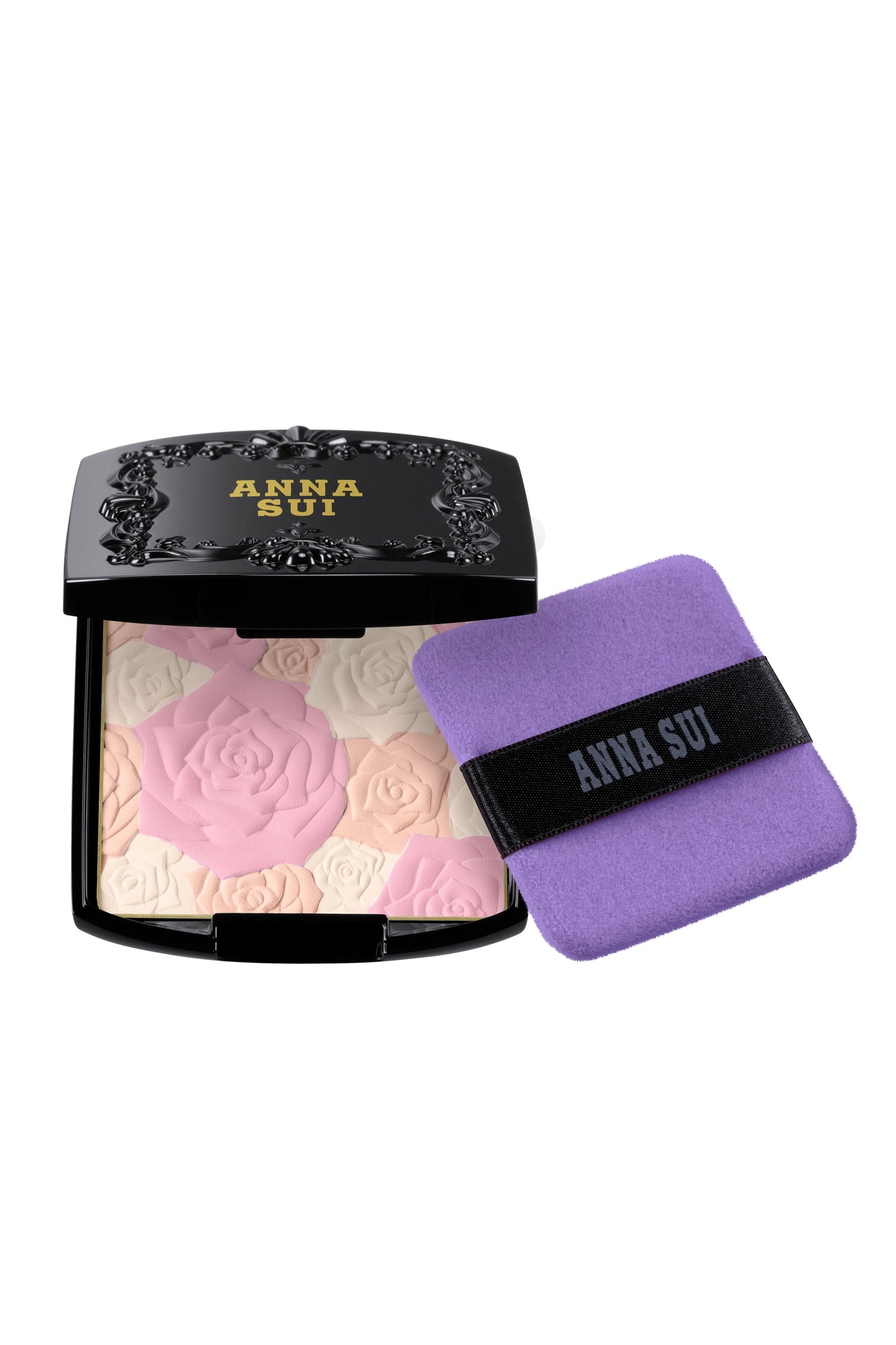 Mini Puff is violet squared pad with rounded corners with a black ribbon to handle it,