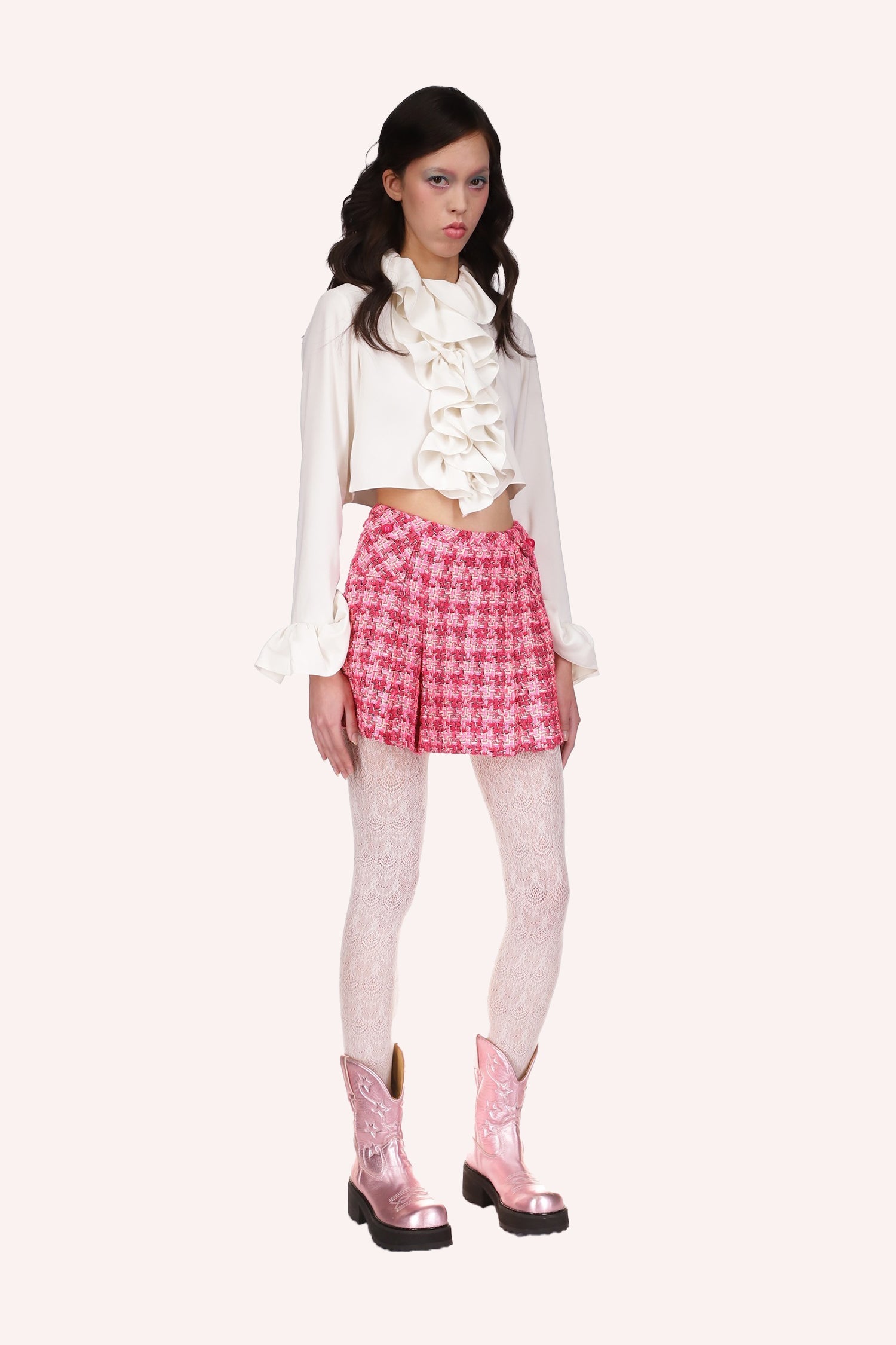Combo Crepe Ruffle Cropped Blouse Vanilla, under the bust long, ruffle around collar down