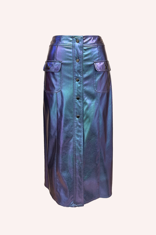 Metallic Faux Leather Skirt, 5-silver buttons on open in front, 2-flaped pockets, above ankles