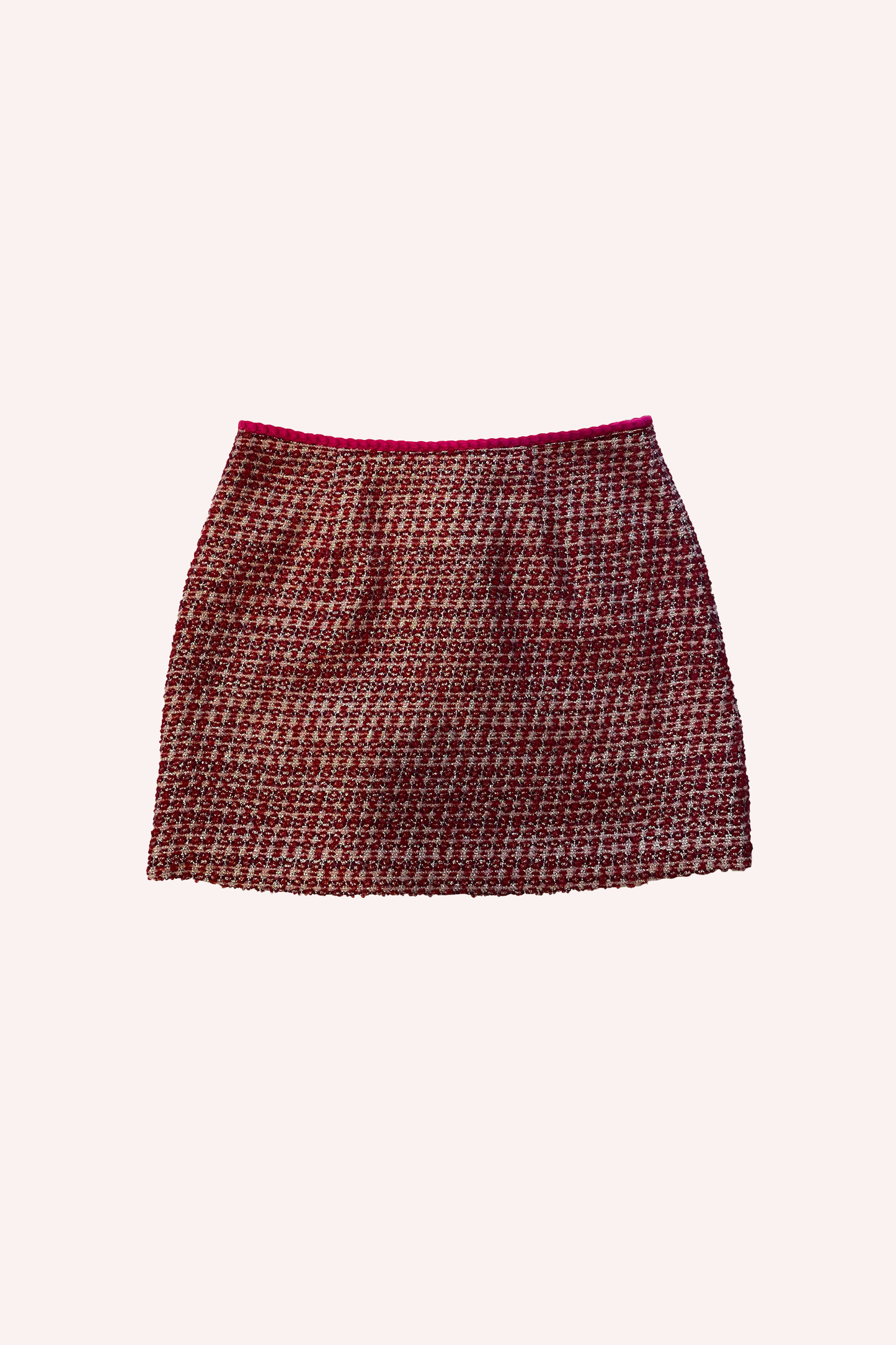 Lurex Tweed Mini Skirt Ruby Multi is ruby-colored, tweed mini-skirt, a red highlight at the top hem