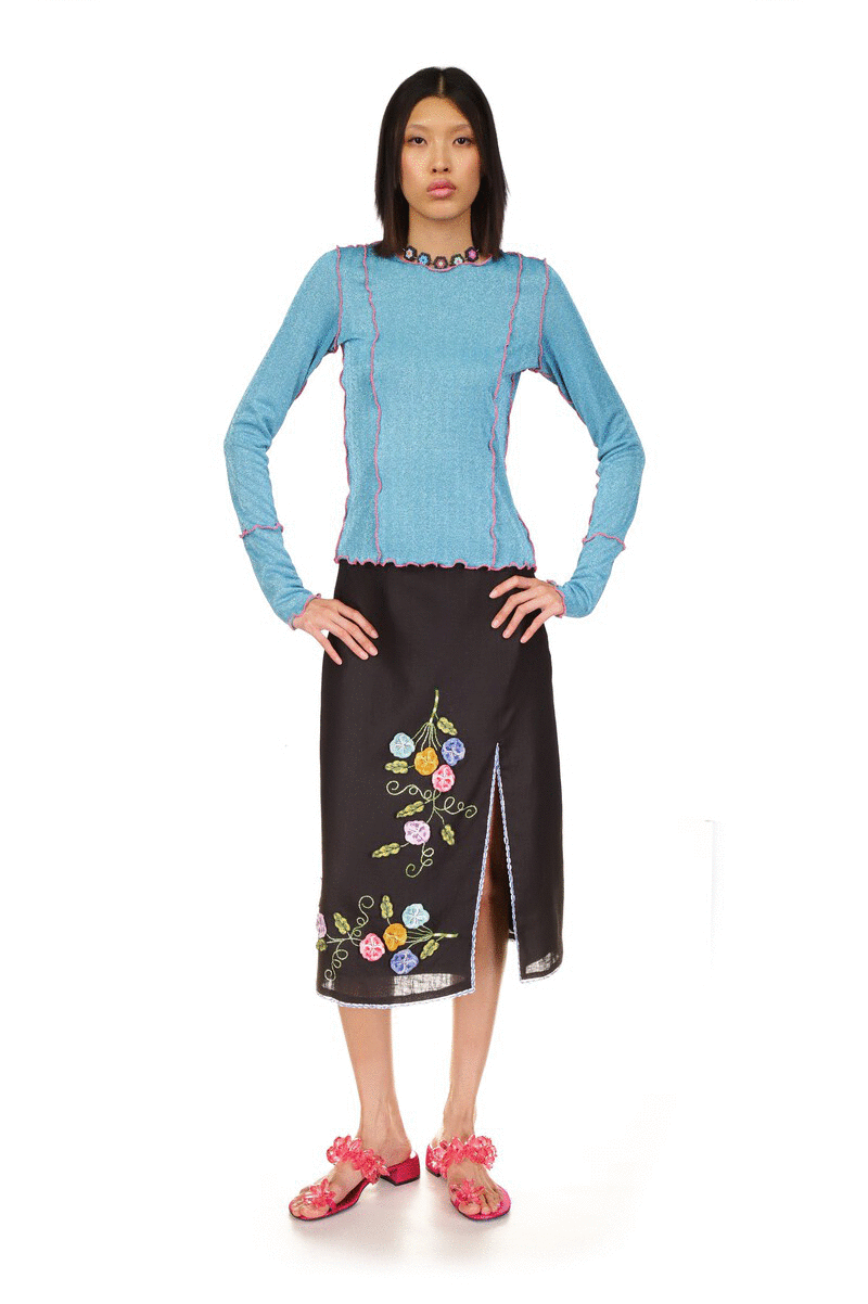3-D Pansy Embroidered on Linen Skirt