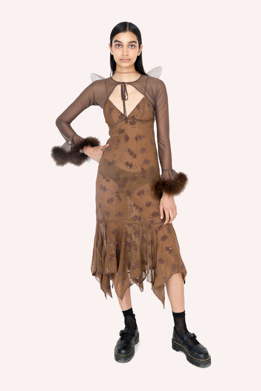 Cocoa Flock Dress, see-thru, long sleeves, deep collar cut, chiffon panels around from knee down