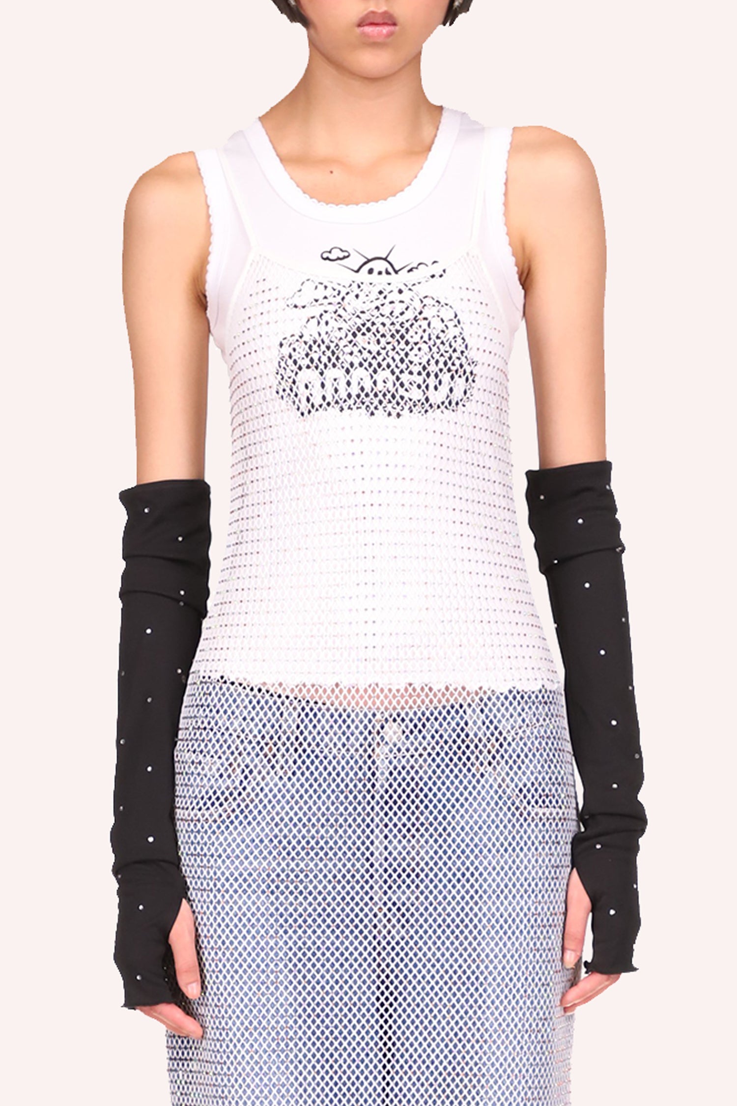 Diamond Netting Slip Dress White details, low cut collar in front, 2 straps