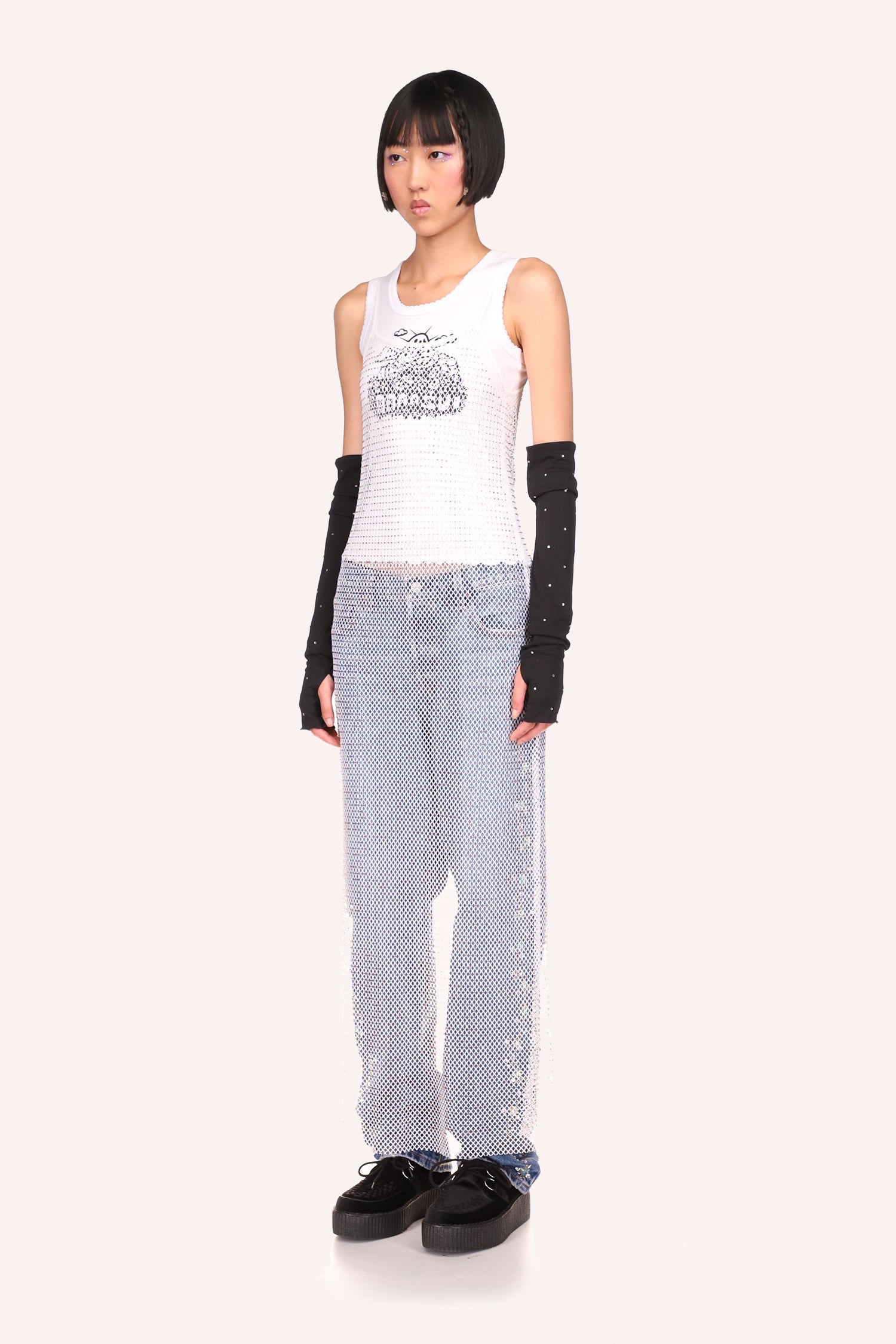 Diamond Netting Slip Dress White, side hem white, is worn over blue jeans and a white tank top