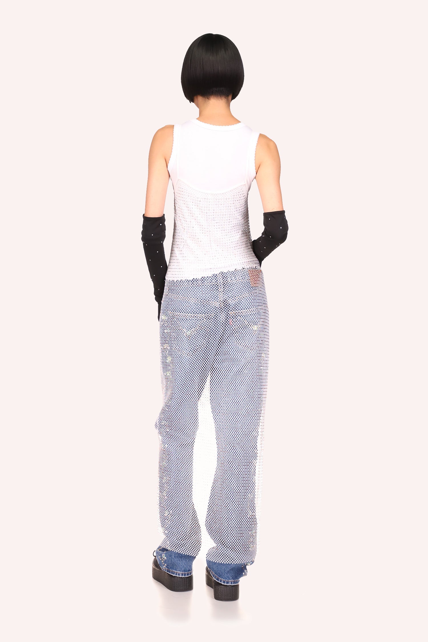 Diamond Netting Slip Dress white worn over blue jeans and a white tank top, low cut in the back