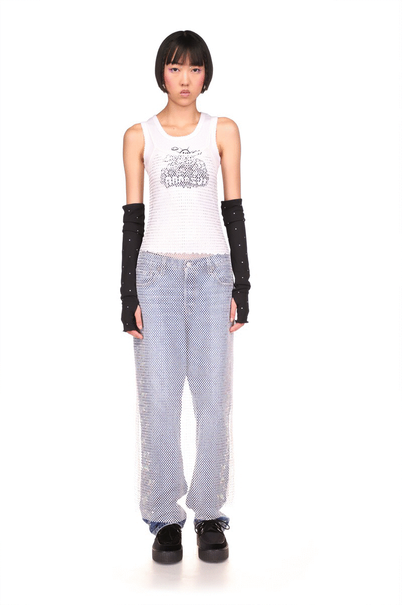 Dress White, sleeveless, 2 straps, ankles long, see-thru, diamond shaped pattern, side hem white