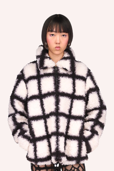 Windowpane Faux Fur Jacket Black Multi