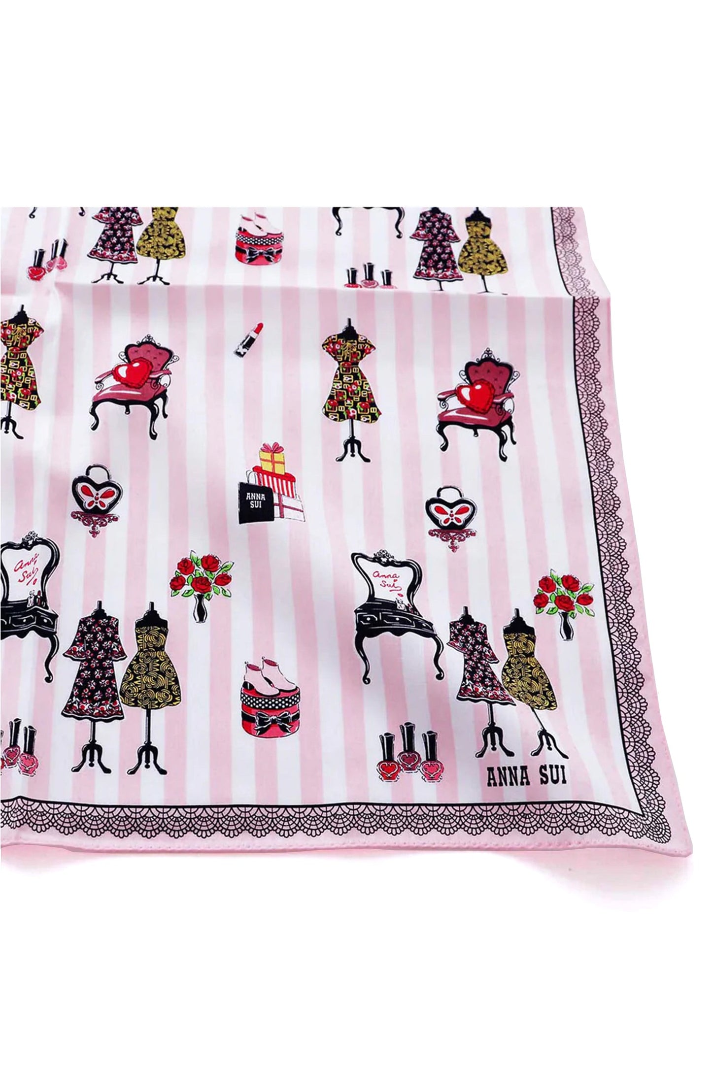 Anna’s Label in black under clothes hanger, white/pink stripes Handkerchief, black lace like hem