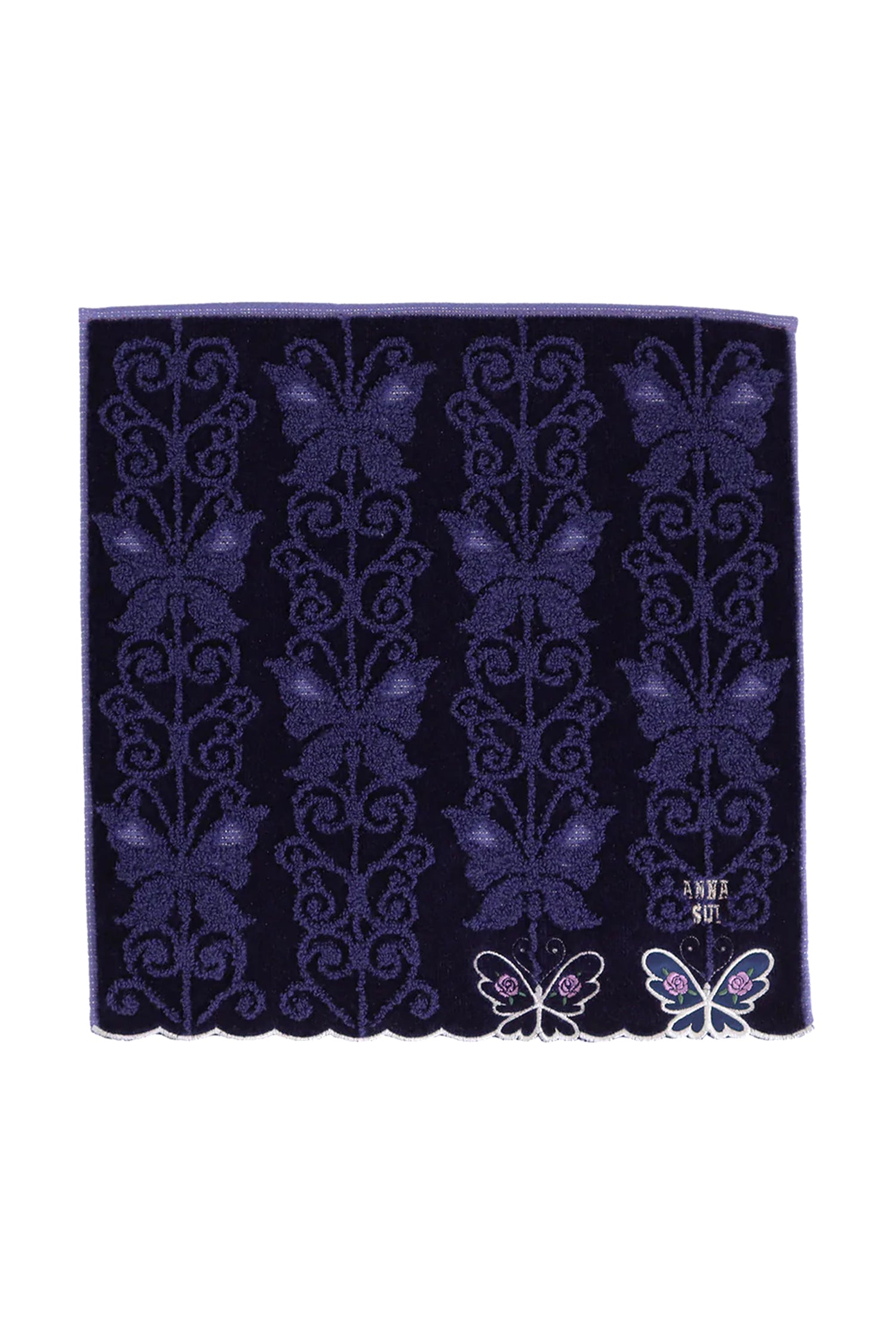 Dark blue Washcloth, purple butterfly pattern small floral details, 2 white butterflies, Anna Sui label 