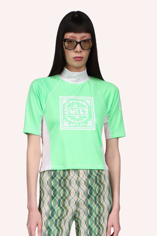 Spandex Surf Top, mid long sleeves, turtleneck collar, Glo Green In front and grey on each sides