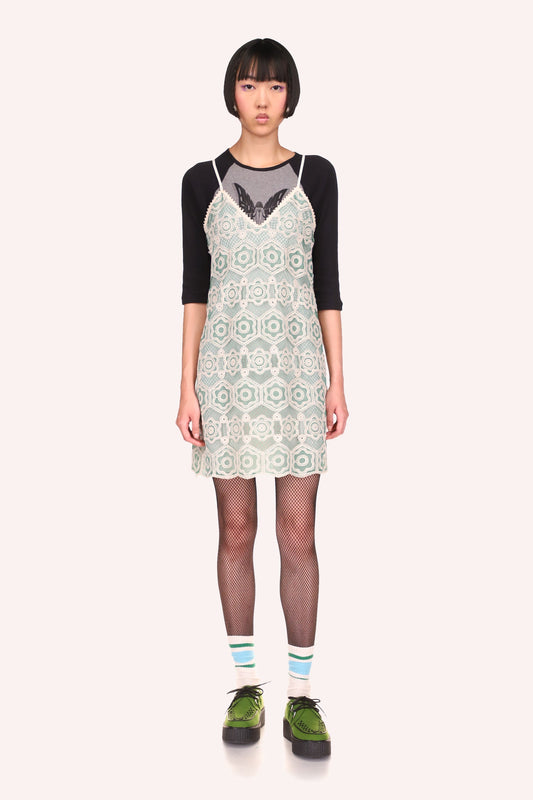 Mod Floral Lace Slip Dress Sage, sleeveless, straps over shoulders, white lace at hems, midthighs