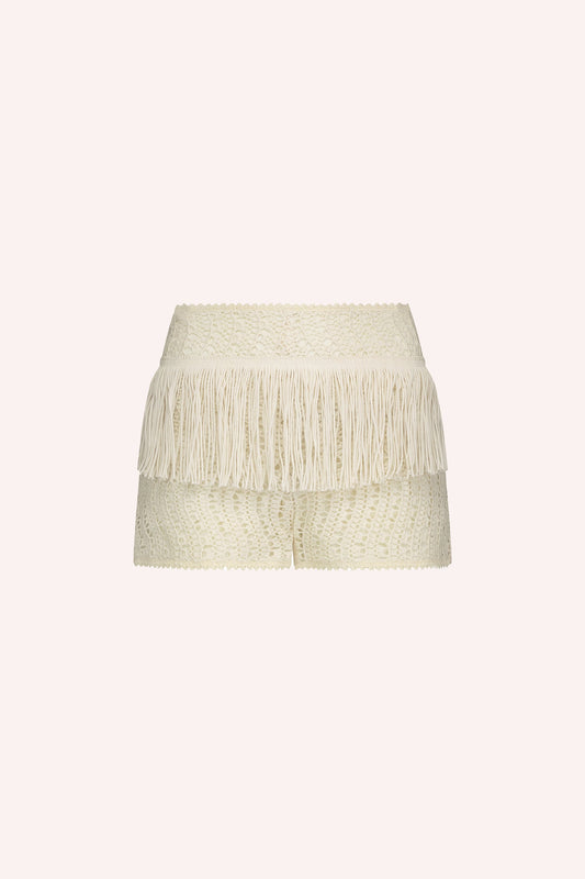 Anna Sui Crochet Lace Shorts Cream, with a short fringe belt around the hips,