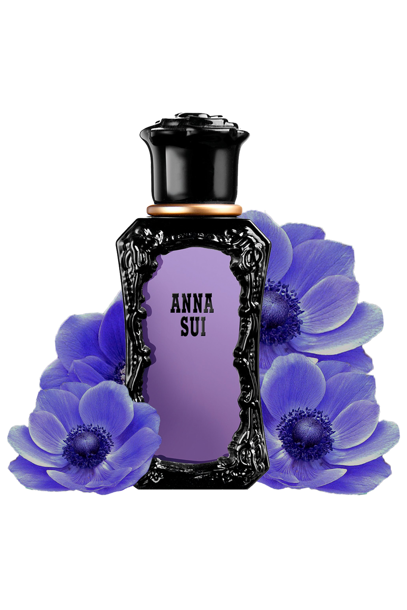 The black and purple bottle is in art deco style, the sprayer is under a black lid with a golden ring