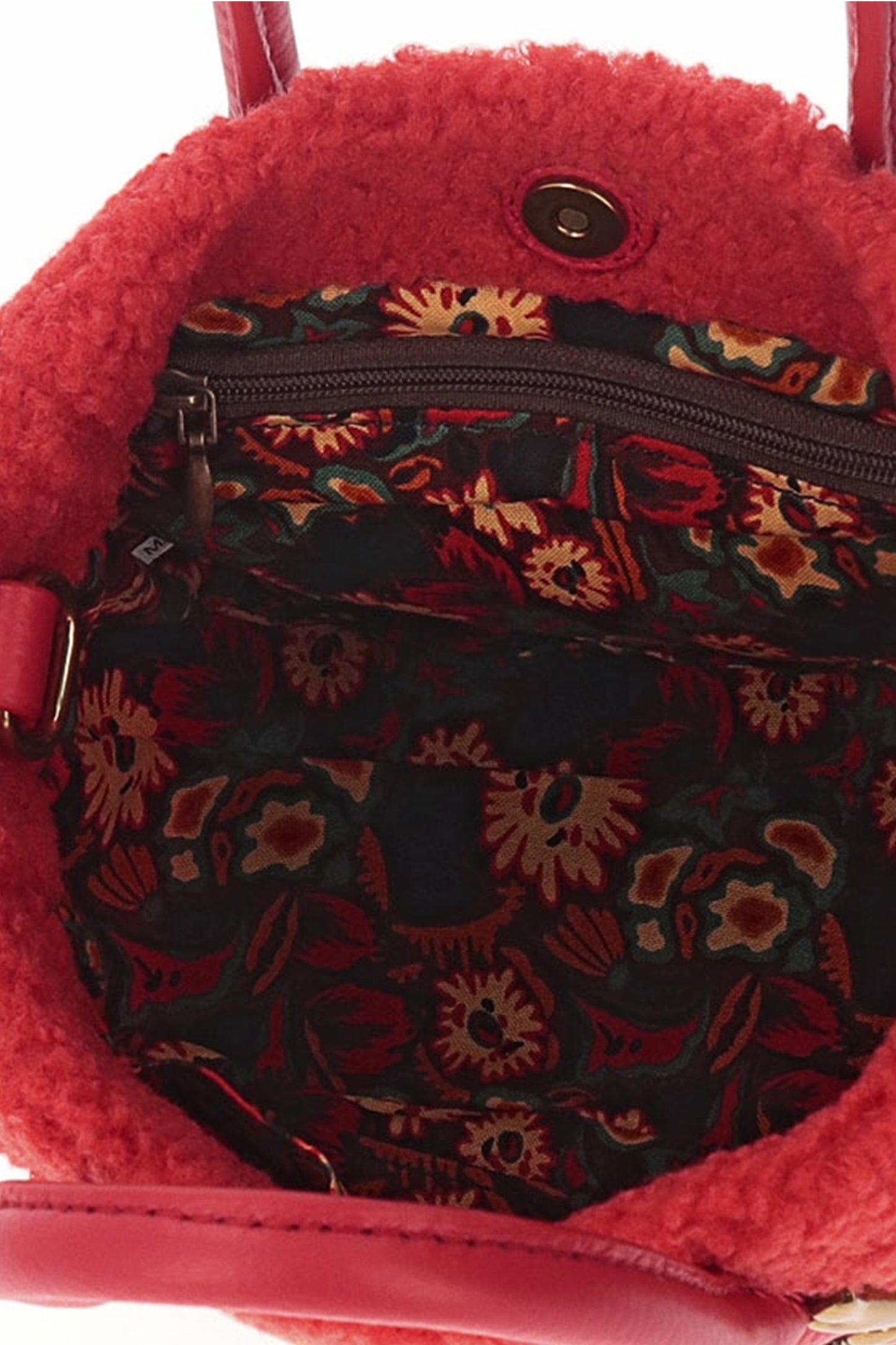 Magnolia Teddy bag Orange open has a dark floral design, plenty of space for your belonging