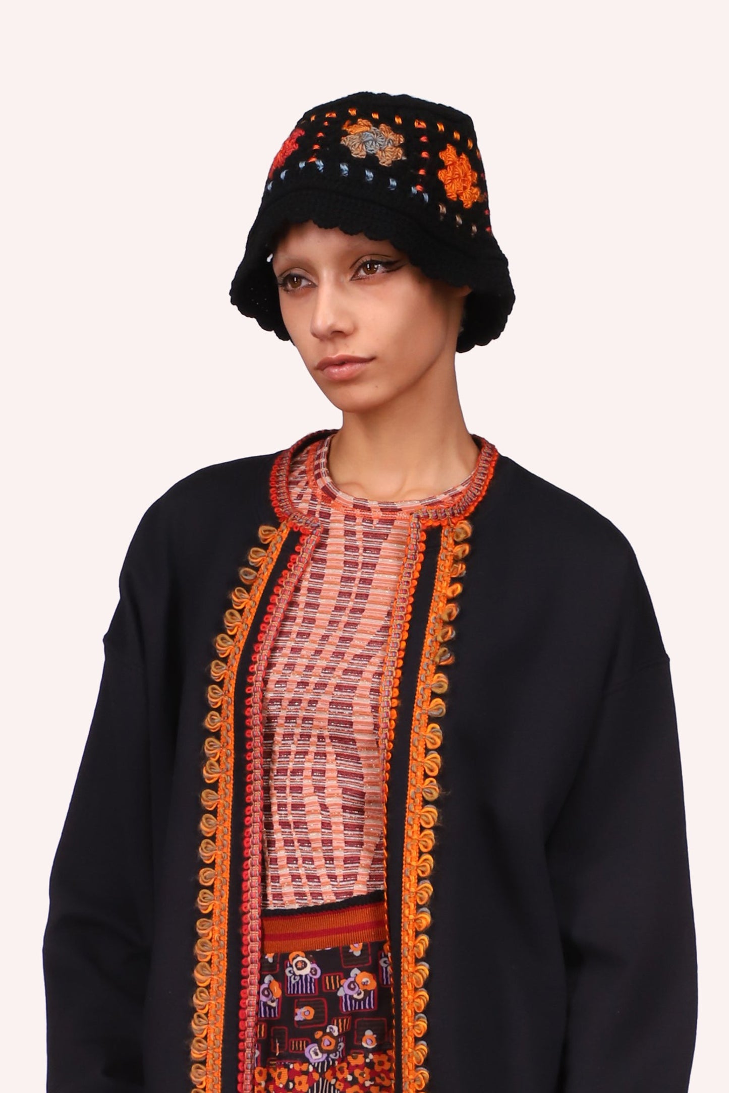 Ombre Crochet Bucket Hat Orange cover ears and forehead, floral stylized beige and orange