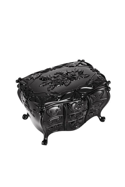 Antique-inspired black mini dresser, raised roses design, 4 legs, black lid on top