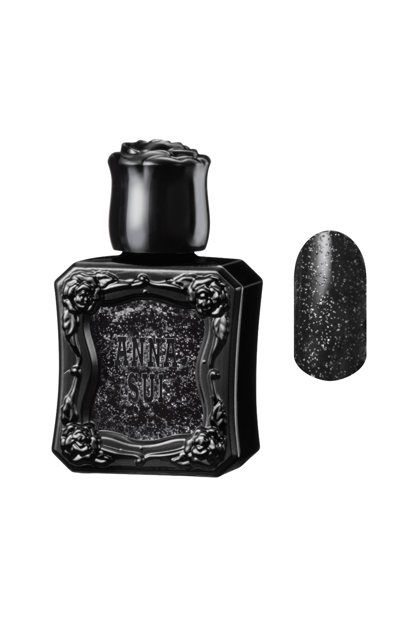 SILVER LAME MONOCHROME Polish bottle rose pattern, black Anna Sui over nail colors in front