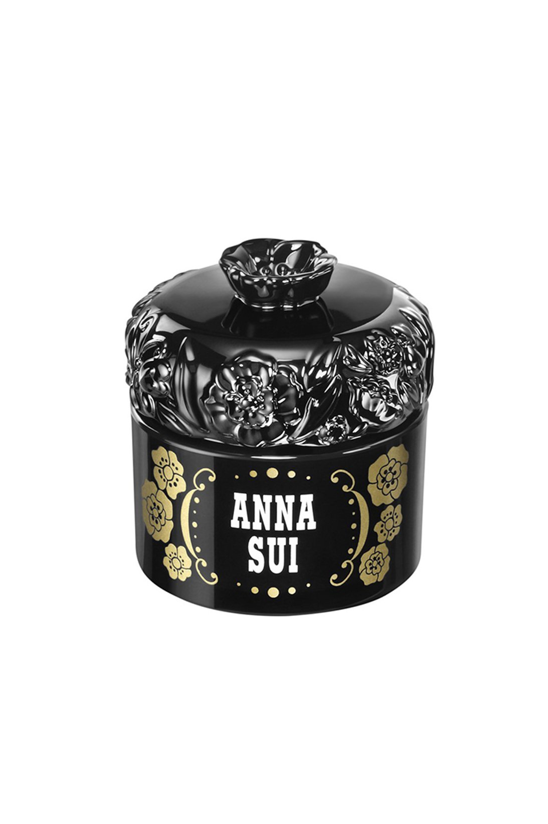 Black round container golden roses around, A. S. label, lid raised rose pattern around & rose cap