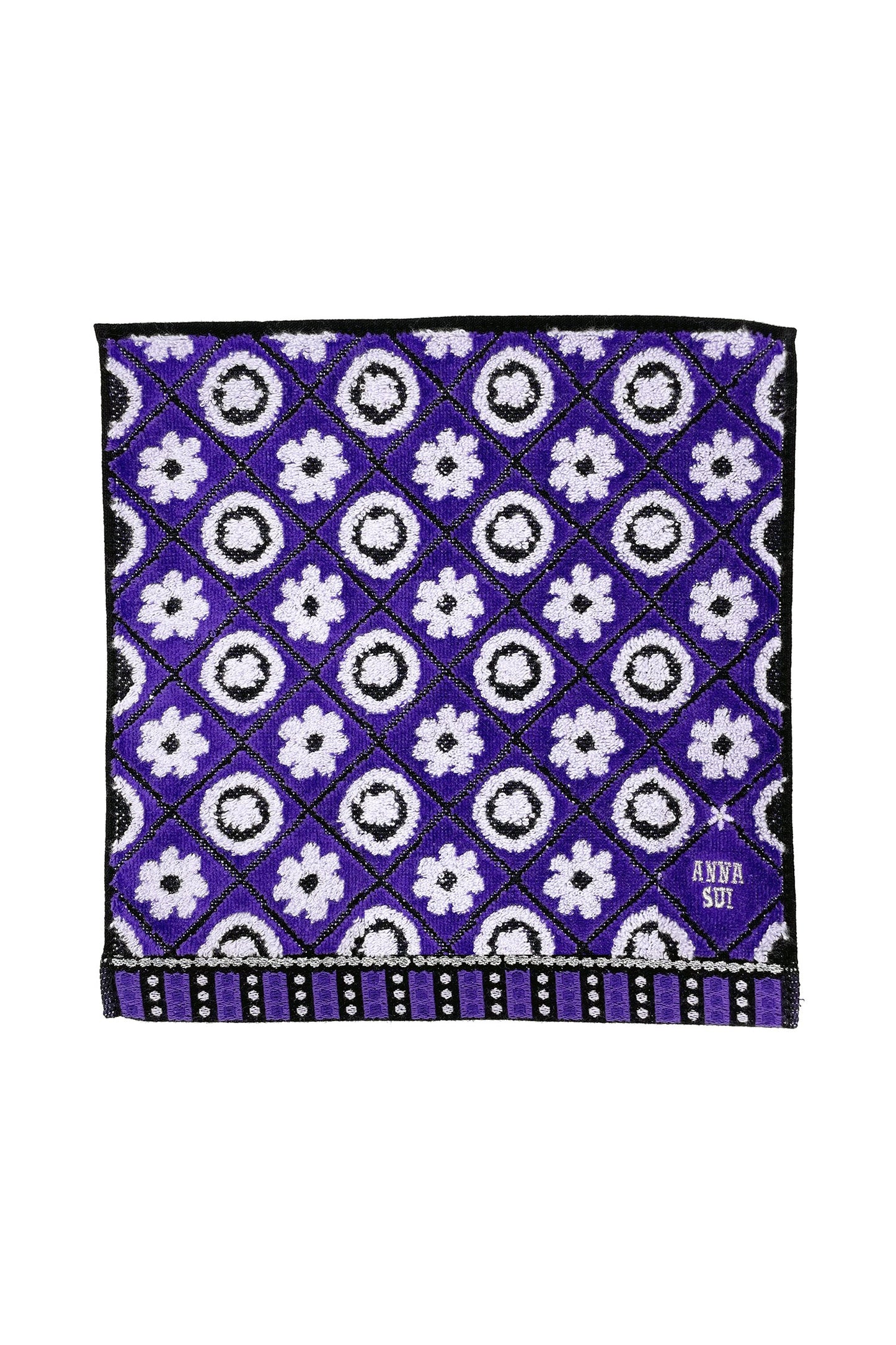 Washcloth blue with print Floral Lattice in white, black lines to highlight the diamonds, Anna Sui's label