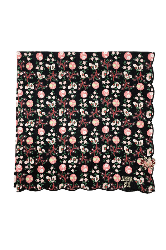 Handkerchief black with repetitive pattern of white butterflies, and green/white floral, Anna’s label