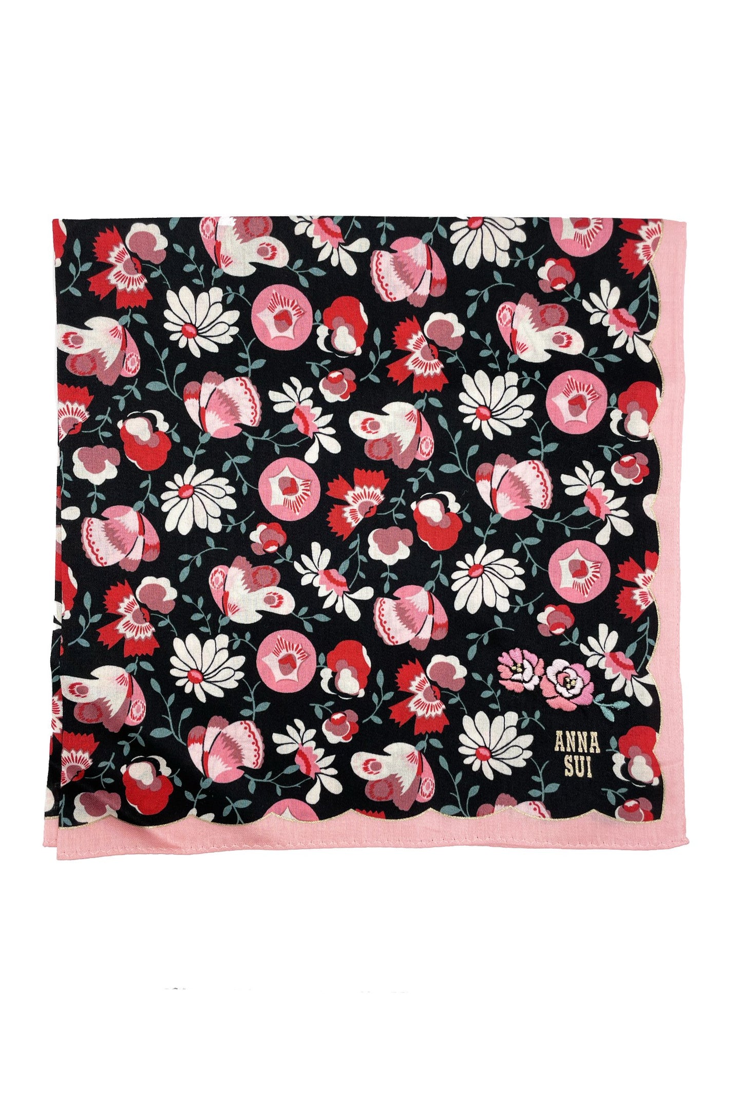Handkerchief with white/red daisy on black, wavy baby pink hems, Anna’s label in corner