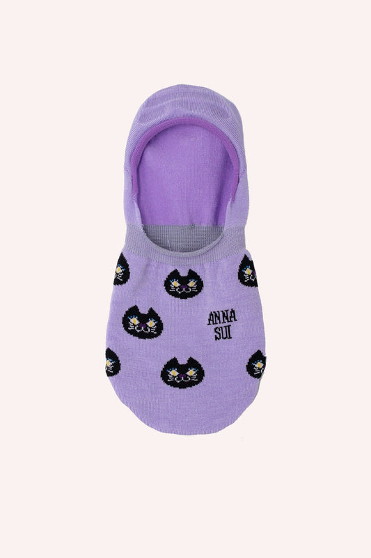 Cat Pattern Socks, purple with black cat’s head with white eyes and mouth, Anna Sui label, short socks