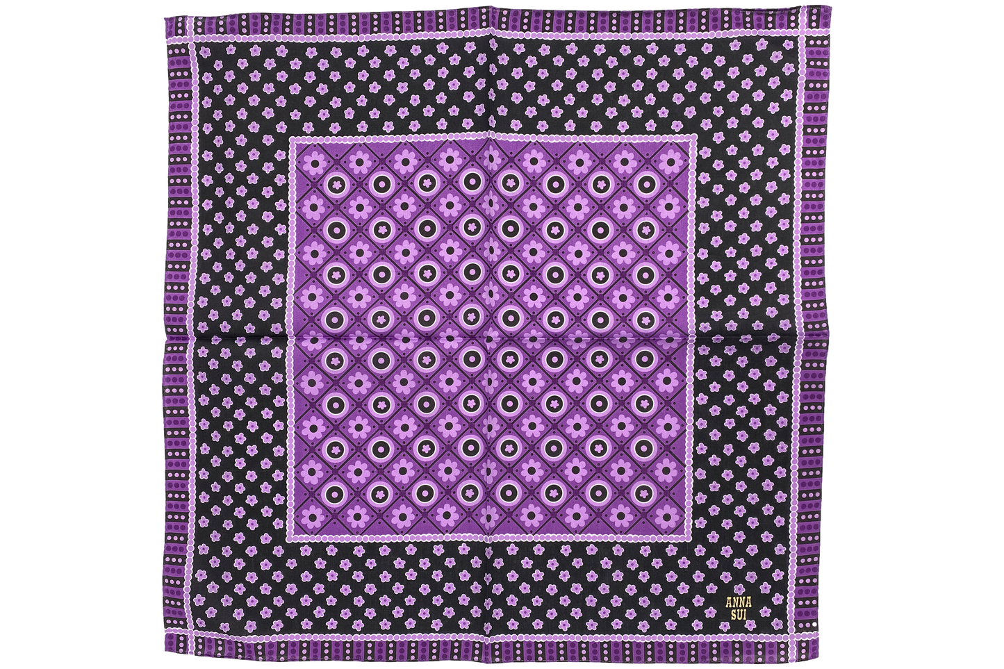 Handkerchief squared, center purple square with pink flower then black with lines of pink flowers, Anna’s label, purplish border