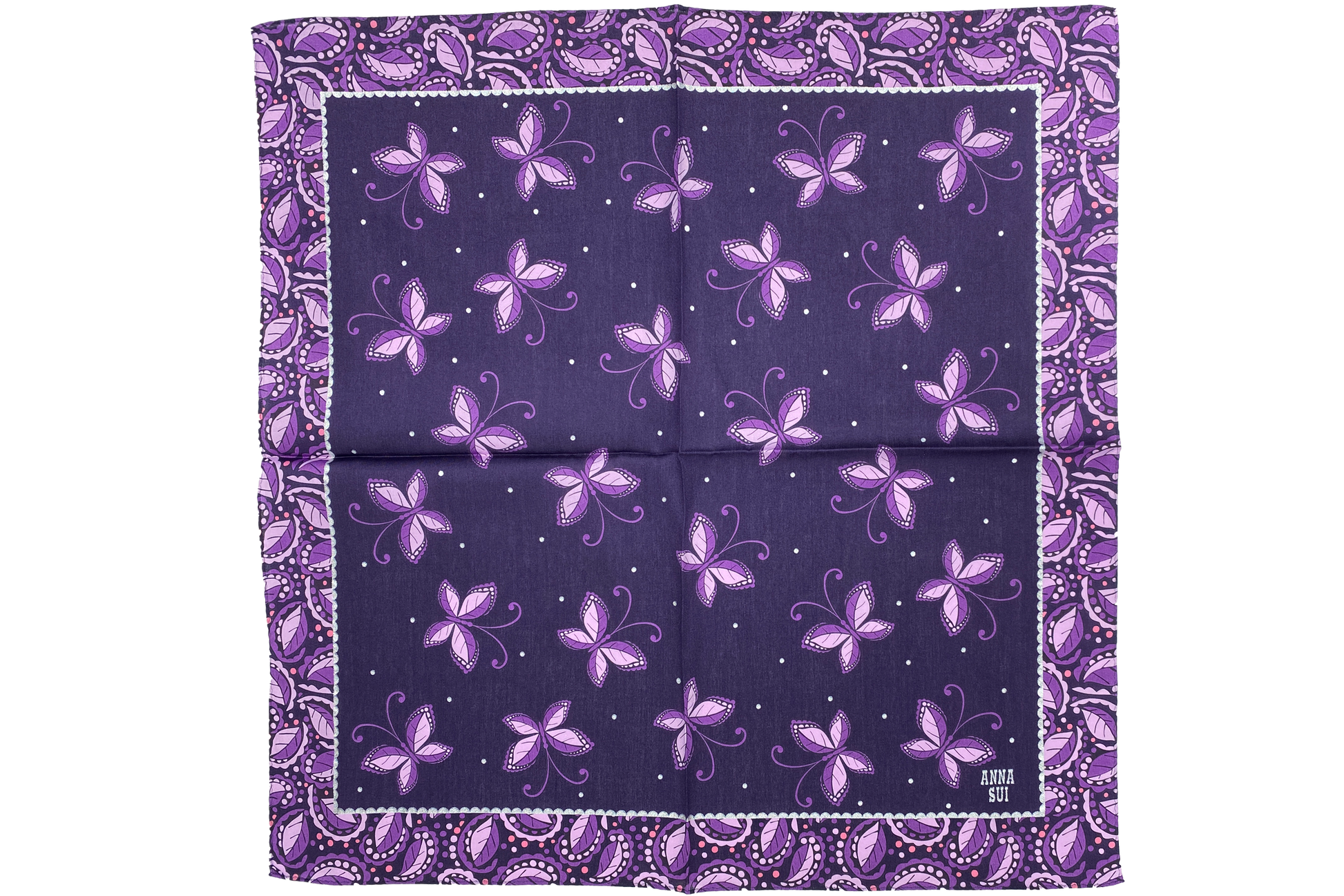 Handkerchief, squared purple with pattern of purple/white butterfly, floral hue of purple border