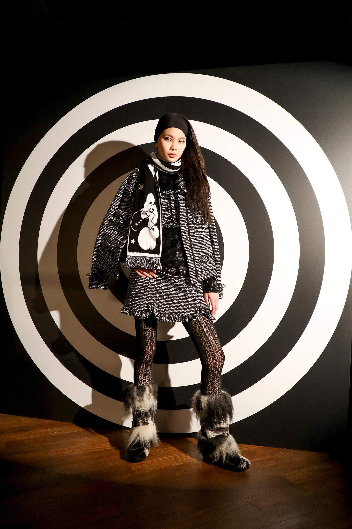 With runway lights, Folklore furry Boot, black and grey, high sole, black lace to tied, long flurry top