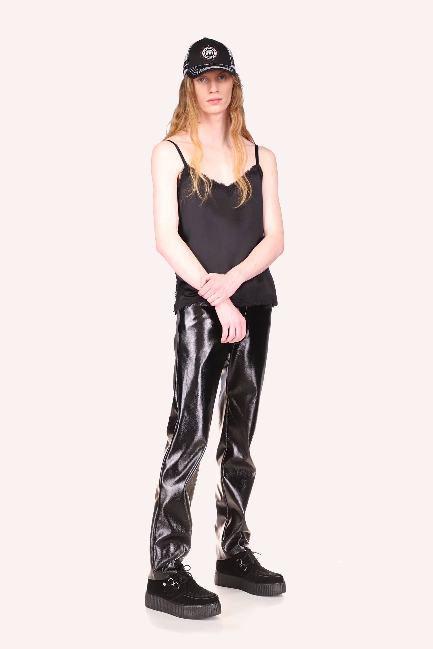 Genderless Washed Satin Cami Black, sleeveless, black lace on hems and straps