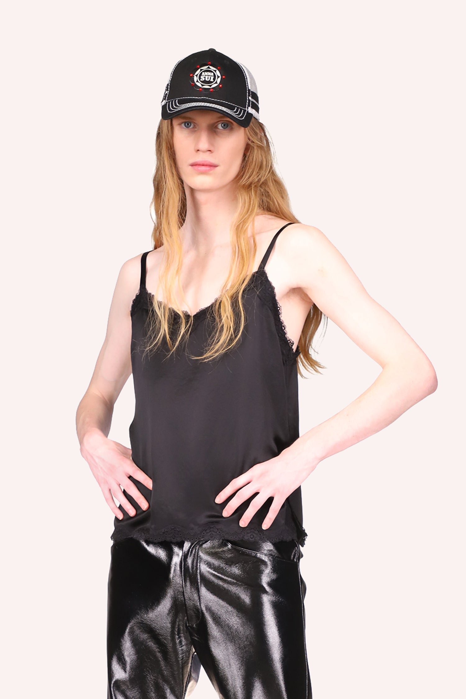 Anna Sui Washed Satin Cami Black, sleeveless, black lace on hems and straps