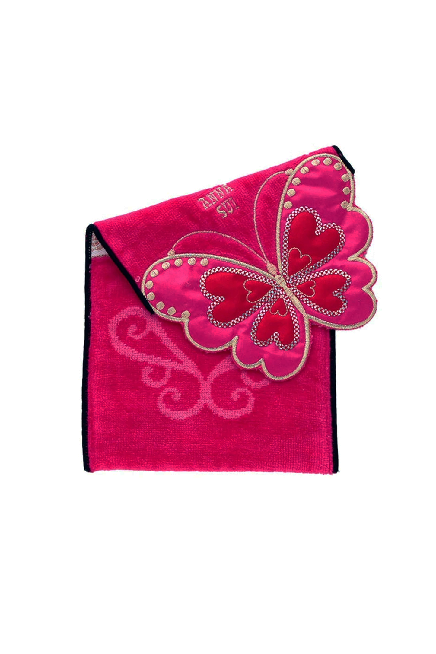 Red Pocket Washcloth, Red/light Red, and geige border cut-out butterfly on a flap, Anna Sui gold label 