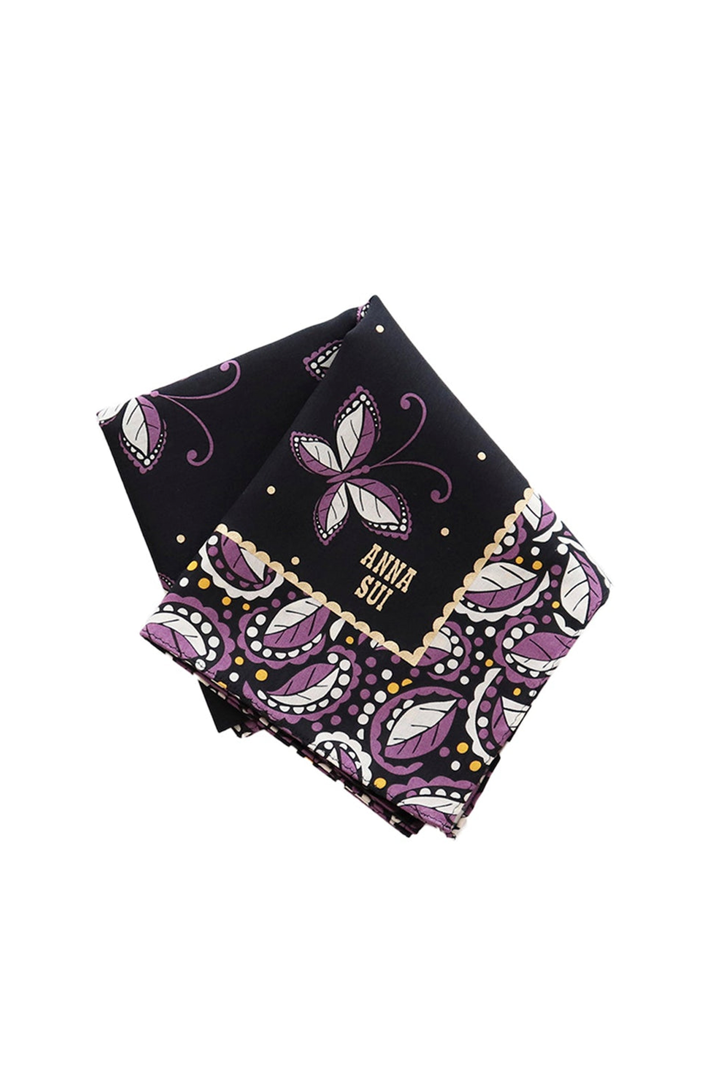 Handkerchief, black with white/brown butterfly and beige Anna Sui, large floral hue of purple border