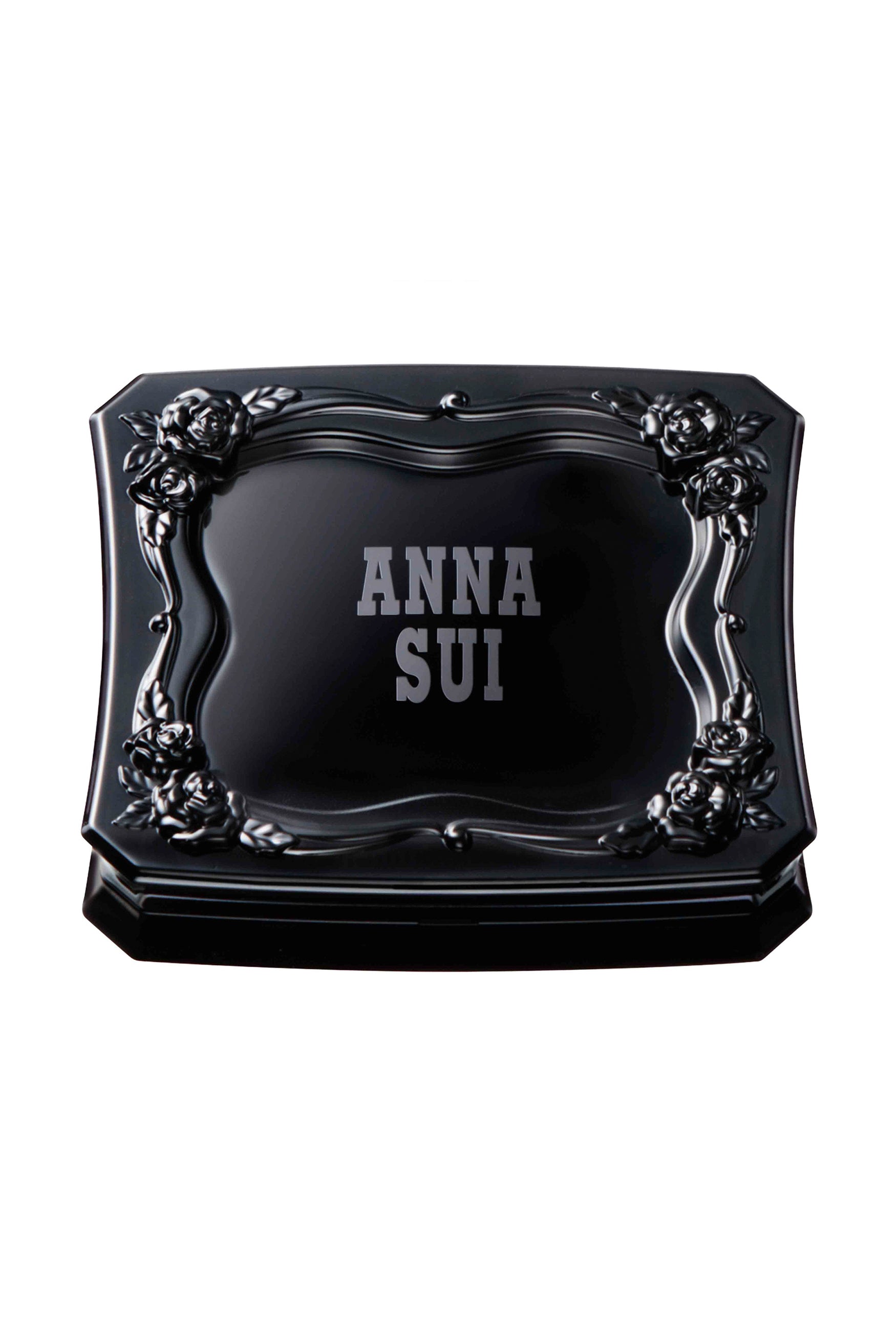 Black squared container and a roses pattern around the top lid, Anna Sui label in the middle