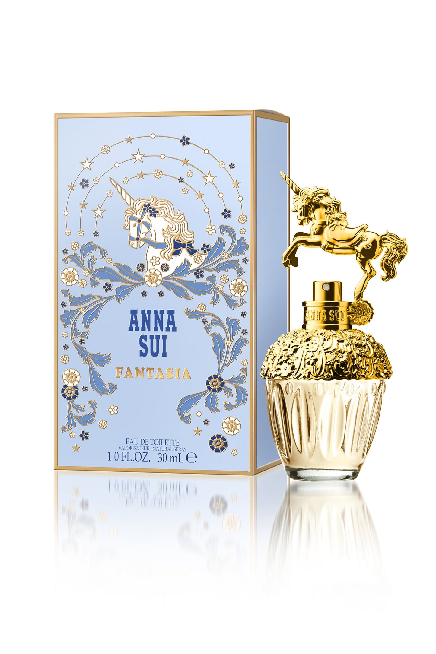 Packaging is light blue, Logo, name and quantity on it and art deco golden and darker blue unicorn