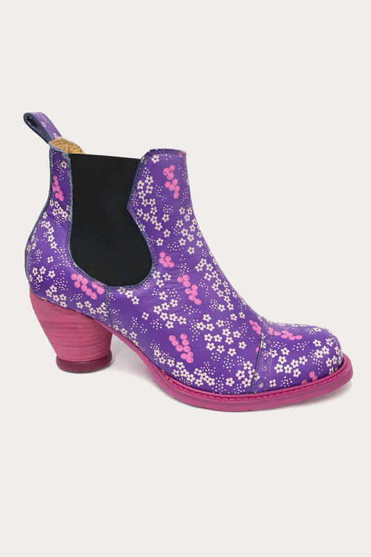 Chelsea Boot, high heel purple, pink/white floral design, side elastic, strap on the back