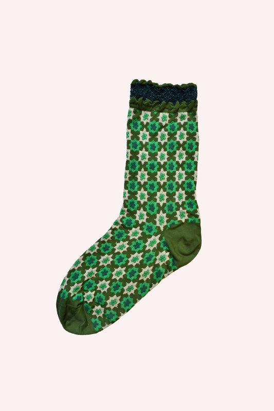 Utopian Gingham Socks Glo Green, short socks, green front heel and green lace on top,