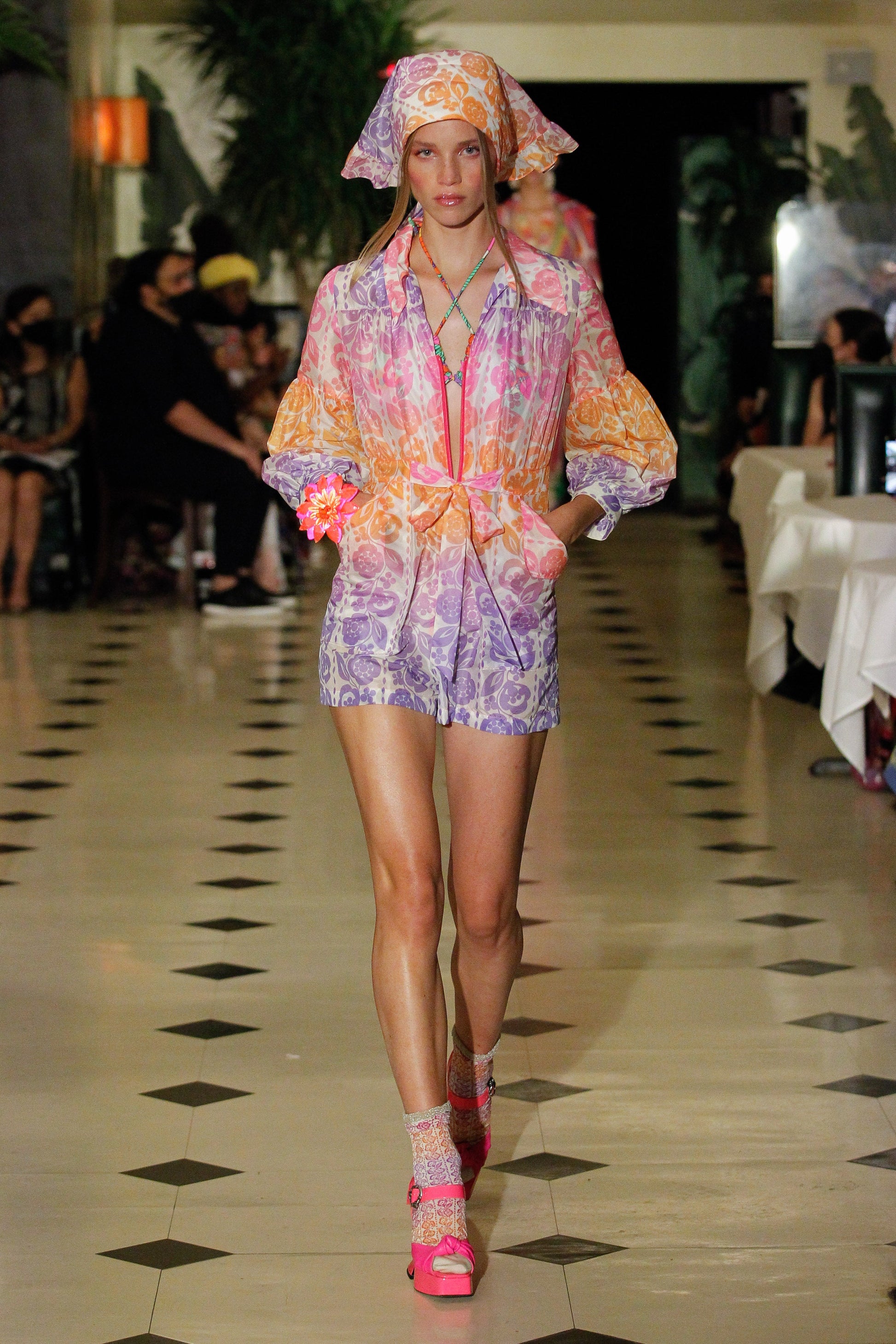 On the runway lights, Beckoning Blossoms String Bikini Set, floral design in green and orange