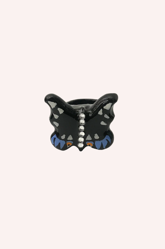 Swallowtail chunky butterfly with blue, orange, and grey hand painted shape on wings