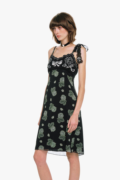 Sketch Roses Chiffon Embroidery Slip Dress