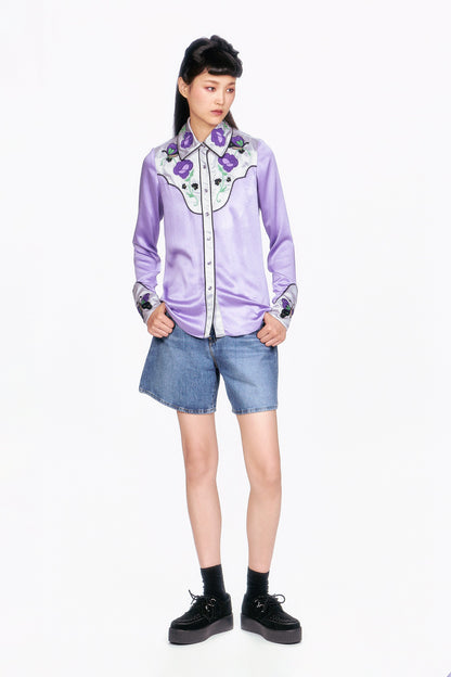 Purple Boudoir Satin wavy Floral Embroidered, a neckline collar with flaps.