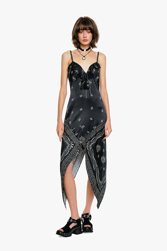 Ribbon Handkerchief Satin Print Dress
