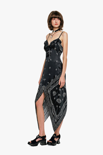 Ribbon Handkerchief Satin Print Dress