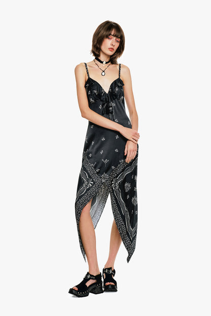 Ribbon Handkerchief Satin Print Dress