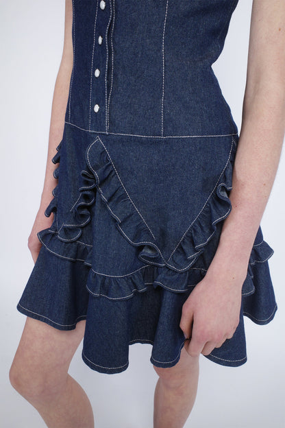 anna sui denim dress Seventies Infinity Denim Applique Patchwork Dress
