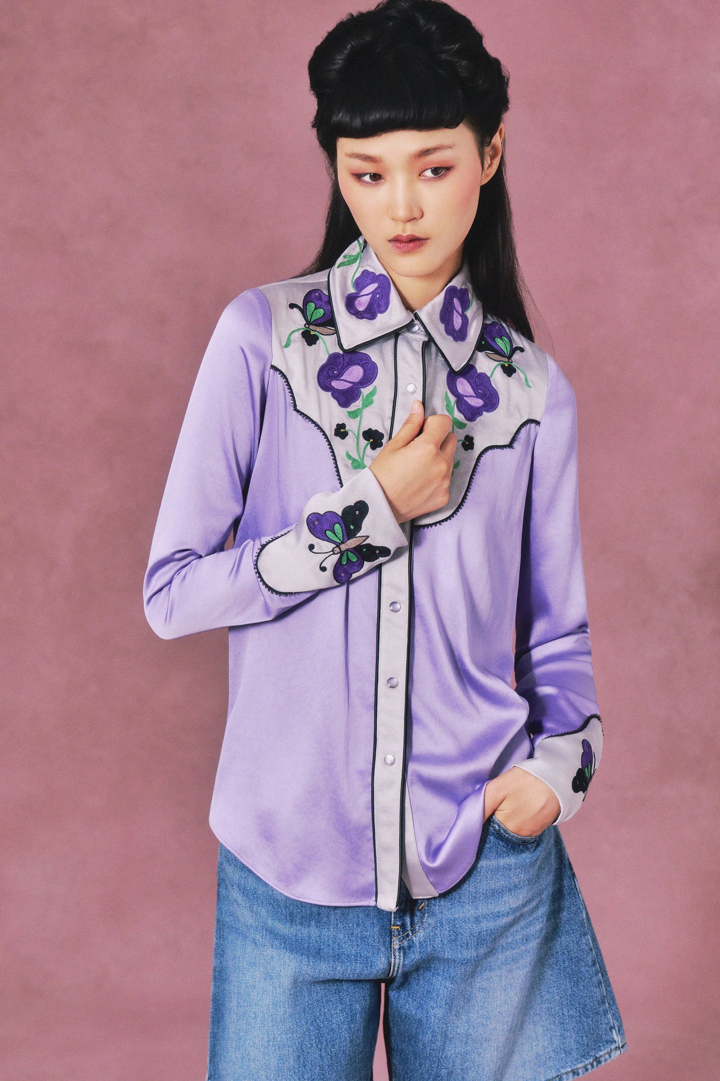 Purple Boudoir Satin wavy Floral Embroidered on chest Cowboy Shirt front-buttoned, long sleeves