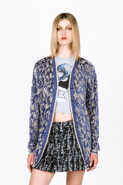 Off-white  Floral Bluebell Design Velour Cardigan, mid-thigh long, long sleeves