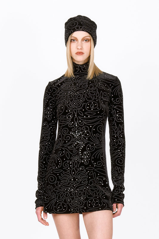 Jubilee Velvet Turtleneck Dress, mini, long sleeves, black with silver beads for a floral design